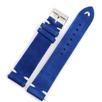 Vintage Genuine Suede Leather Strap 18mm 20mm 22mm 24mm Brown Yellow Blue Handmade Stitching Watch Band Replacement Wristband 24mm mėlyna