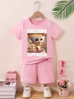 Kids Clothes Funny Italian Brainrot Sets for Children Ballerina Cappuccina Cartoon Casual Girls Short Sleeve Children's Clothing 140 beige