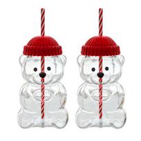 Meškiuko stiklinė su šiaudeliu, karščiui atsparus puodelis kavai, alui, kokteiliams, miela gėrimų stiklinė karštiems ir šaltiems gėrimams 2pcs Glass raudona