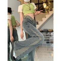 Spicy Girl Retro Patchwork Petite Women’s Jeans, Slim Fit, Plus Size, Micro Flare, Autumn Collection L mėlyna