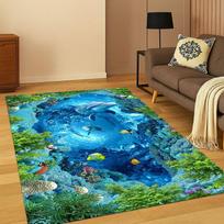3D Iliuzija Povandeninis Pasaulis Jūros Gyvūnai Ryklys Delfinas Animacinis Kilimas Kilimas Miegamajam Svetainei Sofai Durų Kilimėlis Vaikams Neslystantis 80cm x 120cm blue