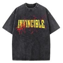 Retro Invincible Comic Logo Cartoon Washed T-shirts Men and Women Summer Cotton Clothing Fashion Round Neck Short Sleeved Tee M black