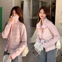Short Knit Spliced Stand Collar Down Coat Light Warm Base Coat For Petite Ladies L rožinė