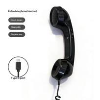 C tipo retro ragelis-imtuvas telefonui, mini mikrofonas-garsiakalbis mobiliesiems telefonams ir kompiuteriams, vintažinės stacionaraus telefono stiliaus ausinės Black