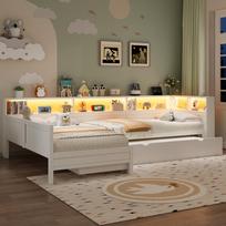 90x200 Wooden Platform Bed in L-Shape with Pull-Out Bed and Drawer, White 314.5 x 225 x 81.5 cm balta