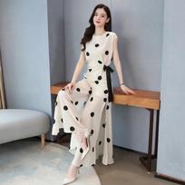 Polka Dot Chiffon Women's Two-piece Loose Wide-leg Pants Round Neck Sleeveless Bow-knot Shirt Chiffon Fabric Light and Breathable M white
