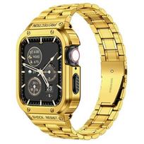 Klasikinis prabangus dirželis+dėklas Apple Watch Ultra 2 juostai 49mm 44mm 45mm 41 40mm Apsauginis dangtelis Nerūdijančio plieno Iwatch Series 9 8 7 SE 6 5 4 45MM beige