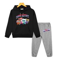 boys girl Hooded Sets Super Kitties anime hoodie Fleece Sweatshirt cat Jacket 2pcs Pullover+pant Autumn kids boutique clothes 130 gray