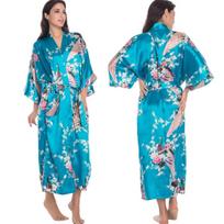 Didelio dydžio moteriškas ilgas chalatas, naktiniai marškiniai, gėlėtas kimono, vonios chalatas, chalatas, namų drabužiai, pavasaris, vasara, laisvas, kasdienis, satininis, namų suknelė One size blue
