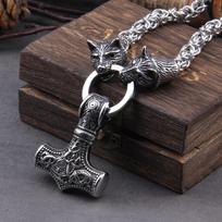 Nerūdijančio plieno vilko galva Toro plaktukas Mjolnir Vikingų karoliai Rankų darbo grandinėlė su medine dėžute Dovana vaikinui no box&50cm gray
