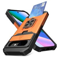 Shockproof Card Holder Case For Google Pixel 10A 9A 10 9 Pro XL 8 7A 7 6 A Pro Slide Camera Slot Wallet Protect Ring Stand Cover For Pixel 8 Pro oranžinė