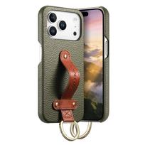 Wrist Strap Ring Lychee Leather Phone Case for IPhone 17 Air 16E 16 15 Plus 14 13 12 11 Pro Max Shockproof Protective Cover iPhone 15 Pro armijos žalia spalva
