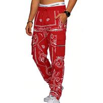 Men Bandana Print Cargo Jogger Pants Drawstring Waist Zipper Pocket Streetwear Trousers S raudona