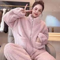 Fleece storas šiltas moteriškas pižamos komplektas žiemos miego drabužiai atsitiktinis užtrauktukas koralinis flanelinis švarkelis ir kelnės pižamos komplektas moteriškas namų kostiumas XL rožinė