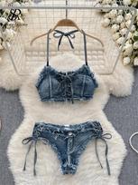 Retro moteriškas bikinis, džinsiniai kostiumėliai, vasariniai halterio tipo marškinėliai + mini kelnaitės, apatinis trikotažas, mada, atostogų maudymosi kostiumėliai, seksualūs liemenėlės ir kelnaičių rinkiniai L mėlyna
