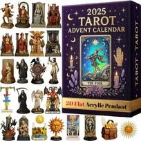 Taro Advento kalendorius 2025, 24 dienų kalendoriai atgalinis skaičiavimas iki Kalėdų su 24 unikaliomis 2D plokščiomis taro kortų figūrėlėmis į mistinius atminimo daiktus įvairiaspalvis