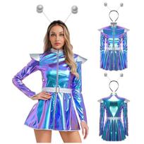 S-XXL Moteriška Ateivio Astronauto Helovino Suknelė: Metalinis blizgantis A formos su plaukų lanku, ilgomis rankovėmis, užtrauktuku, Cosplay kosmoso vakarėliui 3XL mėlyna