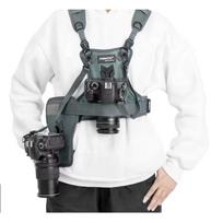 Dvigubo fotoaparato diržų sistema su krūtinės liemene ir šonine dėtuve Canon, Nikon, Sony, Olympus DSLR kameroms gray