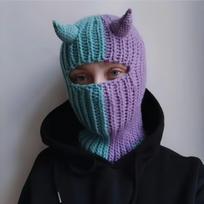 Unisex Helovino Velniuko Ragų 1 Skylės Balaklava Megzta Kepurė Y2K Vintažinė Gotikinė Žieminė Šilta Vėjui Atspari Kepurė M 56-58cm gray
