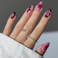 24Pcs Retro Red Polka Dot French Tip 3D Carved Flower Almond Press On Nails Detachable Fake Nails For Women brown