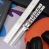 1Pcs Stainless Steel Practice Training Butterfly Knife Comb Beard Moustache Brush Salon Hairdressing Styling Tool Foldable Comb Silvery
