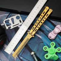 1Pcs Stainless Steel Practice Training Butterfly Knife Comb Beard Moustache Brush Salon Hairdressing Styling Tool Foldable Comb Golden