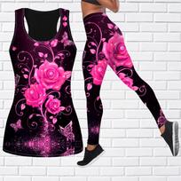Pink Roses Print jogos apranga moterims Madinga treniruotė Antblauzdžiai Fitnesas Sportas Kasdieninės jogos kelnės S rožinė