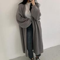 New Retro Loose Outerwear Long Sweater Women's Coat Autumn Winter Lantern Sleeve Casual Knitted Cardigans Women Top Solid Elegant Sweater Jacket 25327 One Size pilka spalva
