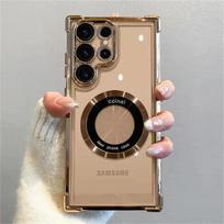 Prabangus dengimas Magnetinis Belaidis Įkrovimo Dėklas Samsung S25 S24 Ultra S23 FE S22 Plus Skaidrus Smūgiams Atsparus Apsauginis Kameros Dangtelis Samsung S25 auksas