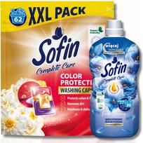 Skalbimo kapsulės Sofin Color, 62 vnt. + skalbinių minkštiklis 1,8 l, 90 skalbimų