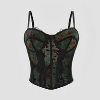 Gėlėto Rašto Nėrinių Korseto Viršus Su Plonais Petnešėlėmis Bustier Trumpas Viršus M žalia