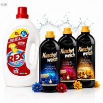 Skalbimo gelio REX spalvotiems skalbiniams 3 l ir KUSCHELWEICH minkštiklio 3 x 1 l rinkinys