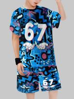 Funny Six Seven Italian Brainrot 67 Number Print Kids Short Sleeved Suit Children Clothing T-Shirt + Shorts 2pc Set Boys Clothes 160 black