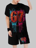 Funny Six Seven Italian Brainrot 67 Number Print Kids Short Sleeved Suit Children Clothing T-Shirt + Shorts 2pc Set Boys Clothes 160 brown