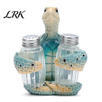 Resin Turtle Figurine Tableware Sea Salt Pepper Shaker Set with Holder, Exquisite Gift for Seafood Restaurant Glass Spice Bottles, Coastal Beach Style B gray