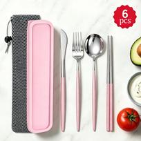 6Pcs Stainless Steel Knife Fork Spoon Chopsticks, Portable Cutlery Set, Reusable Travel Flatware Set with Storage Box & Pouch for Camping Office Lunch rožinė