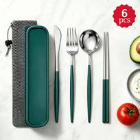 6Pcs Stainless Steel Knife Fork Spoon Chopsticks, Portable Cutlery Set, Reusable Travel Flatware Set with Storage Box & Pouch for Camping Office Lunch žalia