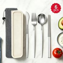 6Pcs Stainless Steel Knife Fork Spoon Chopsticks, Portable Cutlery Set, Reusable Travel Flatware Set with Storage Box & Pouch for Camping Office Lunch balta