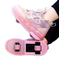 Women's Roller Skates Kids Double Wheel Retractable Lighting Student Sports Shoes Popular Internet Red Roller Wheel Slippers 30 pink