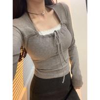 Sweet & Spicy Pink Ribbed Square Neck Long Sleeve Slim Fit Women's T-Shirt 2XL pilka spalva