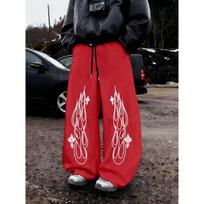 Men's Streetwear Black Wide Leg Sweatpants, Eye Catching White Tribal Flame Prints, Drawstring Baggy Fit, Y2K Fashion XXL black