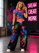 Europos ir Amerikos Y1K Tūkstantmečio Spice Girls dviejų dalių drabužių komplektas: grafiti rašto viršus, aukšto juosmens raišteliu reguliuojamos plačios kelnės 18h vnt. M brown