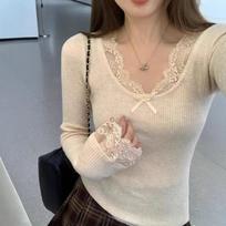 Fashion Lace Spliced Knit Cardigan Women Sweater Slim Fit Long Sleeve Knitted Tops Sweet Autumn Winter Vintage Elegant Casual Clothing One Size abrikosas