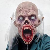 Baisus vampyro Helovino kaukių rinkinys su baltais plaukais, kruvinais burnos, aklas, plikas personažo dantimis, rekvizitas siaubo tematikos vakarėliams gray