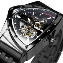 LAIMĖTOJAS trikampis skeletas auksinis juodas laikrodis vyrams automatinis mechaninis rankinis netaisyklingas prabangus nerūdijančio plieno dirželis juoda