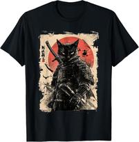 Vintažinis Japonų meno anime grafinis samurajaus katės kario Dovana Unisex Marškinėliai S beige