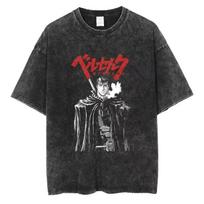 Vintage Washed Oversized Anime Berserk Guts T-shirt Couple's Tee Men Women Harajuku Cotton Casual Short Sleeve Streetwear Unisex XXXL smėlis
