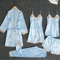 Šilkinio satino pižamos komplektas 5 nėrinių patchwork moteriškas pižamos komplektas viršus šortai laisvas diržas moteriška pižama namų drabužiai su krūtinės pagalvėlėmis XS dangaus mėlyna spalva