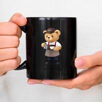 Ceramic coffee cup, black bear barista holding coffee cup and good morning text, suitable for morning coffee break juoda