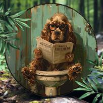 Funny Cocker Spaniel Reading Newspaper Round Tin Sign  Vintage Durable Metal Plaque Wall Decor Bathroom Humor Style Home Offic 20x20cm(8x8inch) brown
